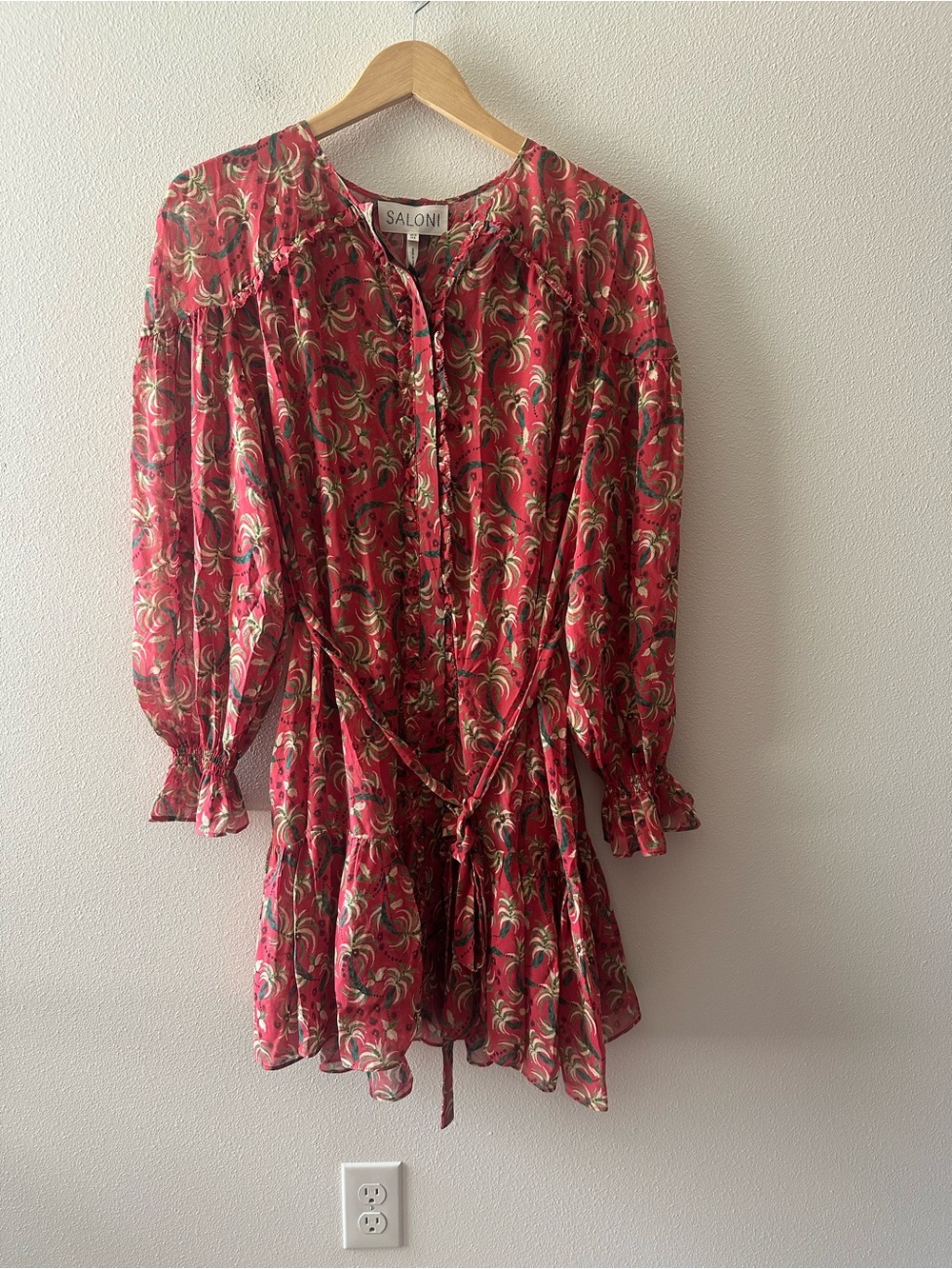 NWT Saloni Pixie dress coral palms 100% silk long sleeve designer luxury size 8 - Picture 2 of 8